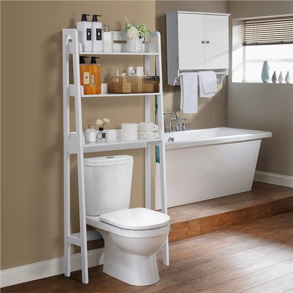 Topeakmart 3 Tier Over The Toilet Storage Rack Wooden Bathroom Organizer Space Saving Easy Setup White
